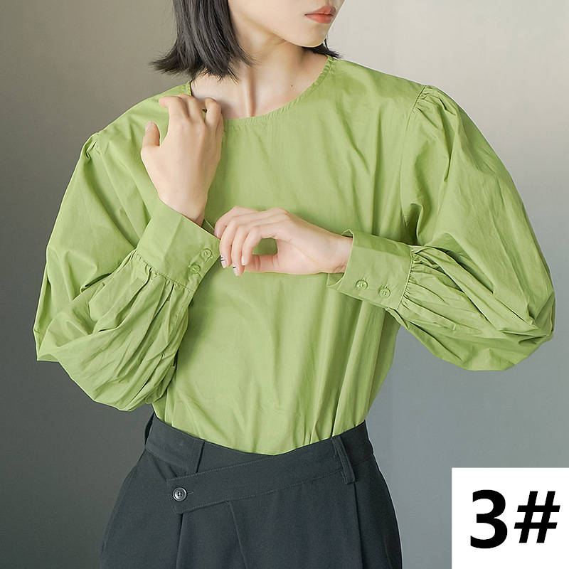 全5色 長袖パフスリーブブラウス 丸首 体型カバー 大人可愛い