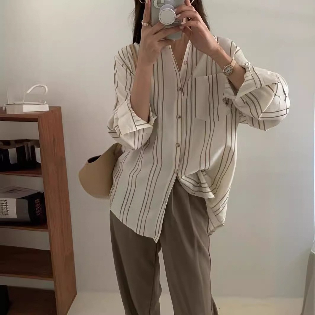 ストライプ長袖シャツブラウス個性的レディース