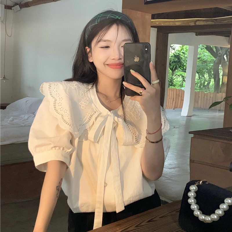 レース襟ボウタイブラウス半袖ゆったり可愛いレディース