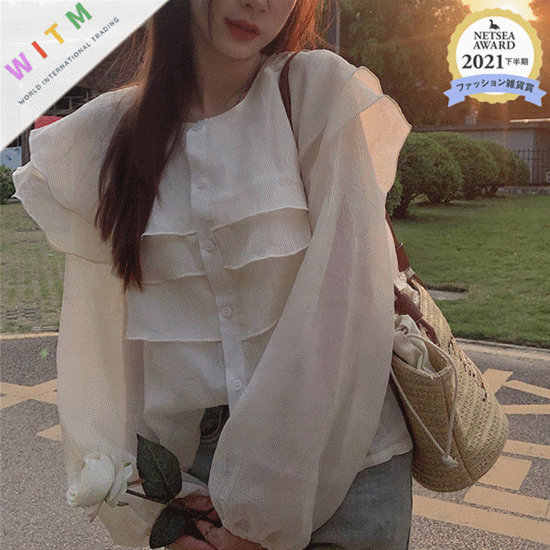 フレア袖ラウンドネック長袖ブラウス体型カバー