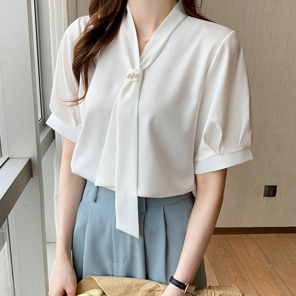 上品パフスリーブ リボンブラウス 半袖 レディース