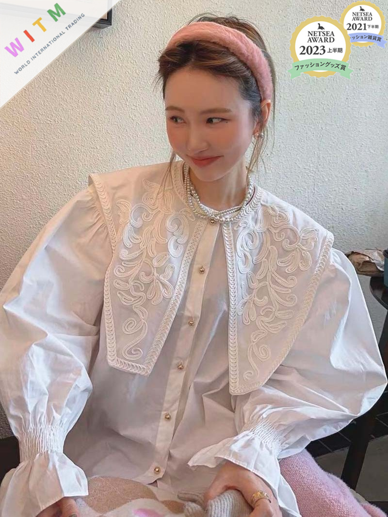 刺繍長袖ブラウス パフスリーブ 白 春秋レディース