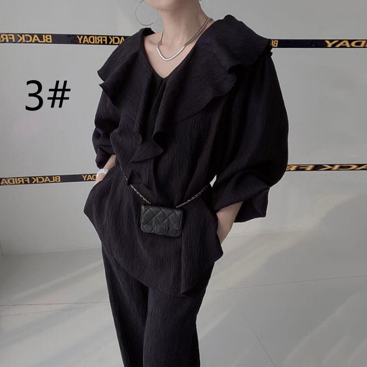 春夏新作 フリル襟ブラウス パンツセット 韓国風セットアップ