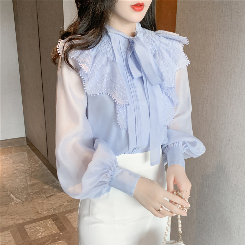 春夏新作パフスリーブシフォンブラウス リボン付きレース透け感