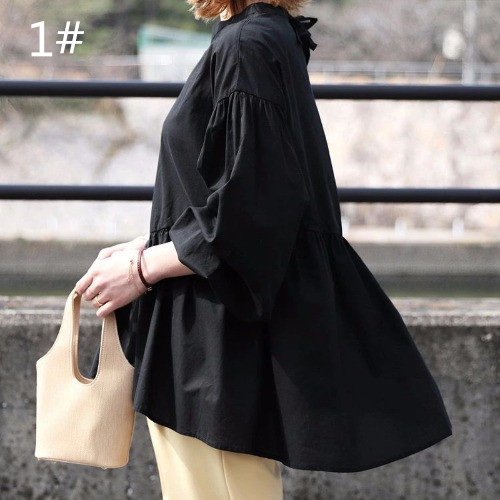 ラウンドネック パフスリーブ ブラウス レディース