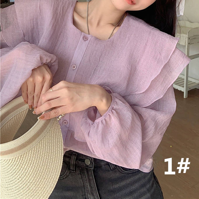 フレア袖ラウンドネック長袖ブラウス体型カバー