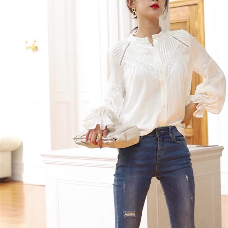 純白パフスリーブブラウス長袖レース装飾シャツ
