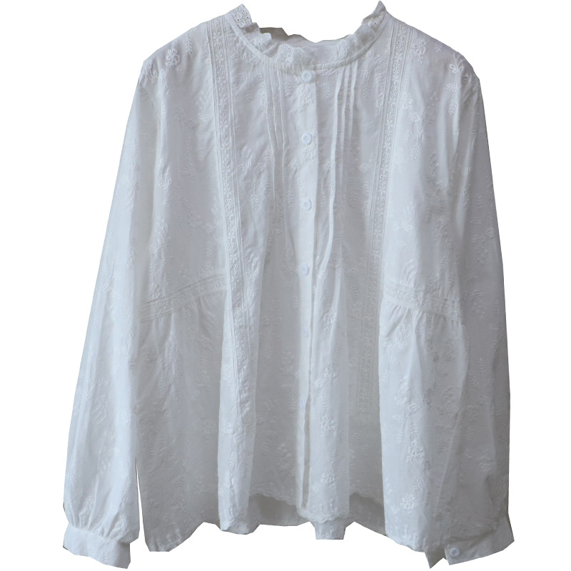 韓国風刺繍レースブラウス長袖白シャツ2色