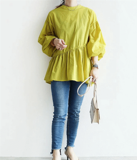 ラウンドネック パフスリーブ ブラウス レディース