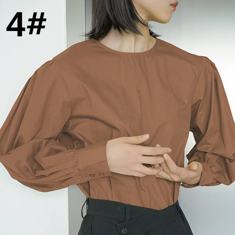 全5色 長袖パフスリーブブラウス 丸首 体型カバー 大人可愛い