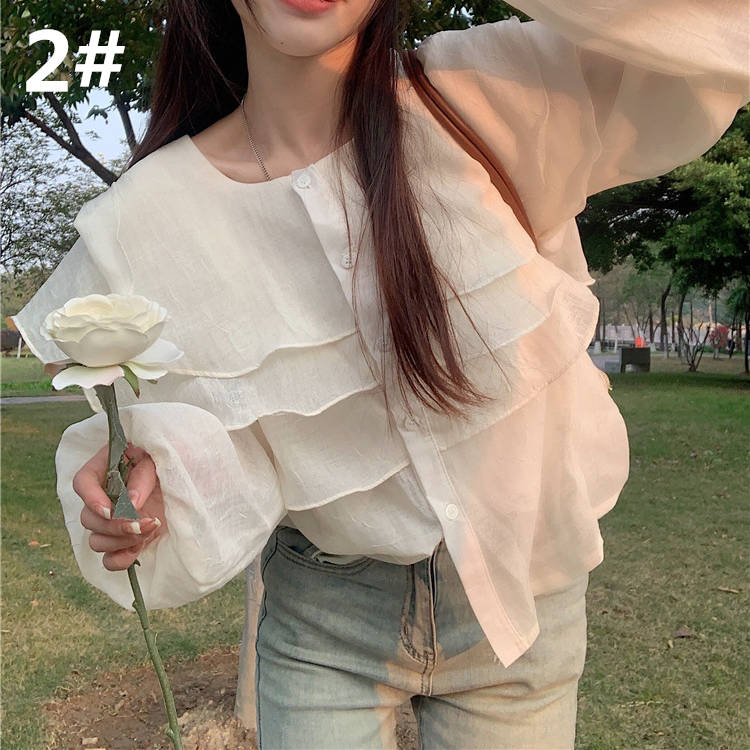 フレア袖ラウンドネック長袖ブラウス体型カバー