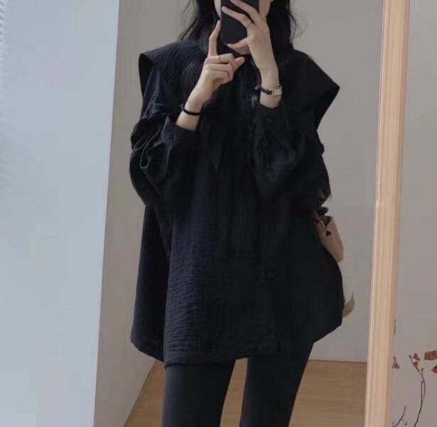 大きめ襟ボウタイ長袖ブラウス体型カバー白無地