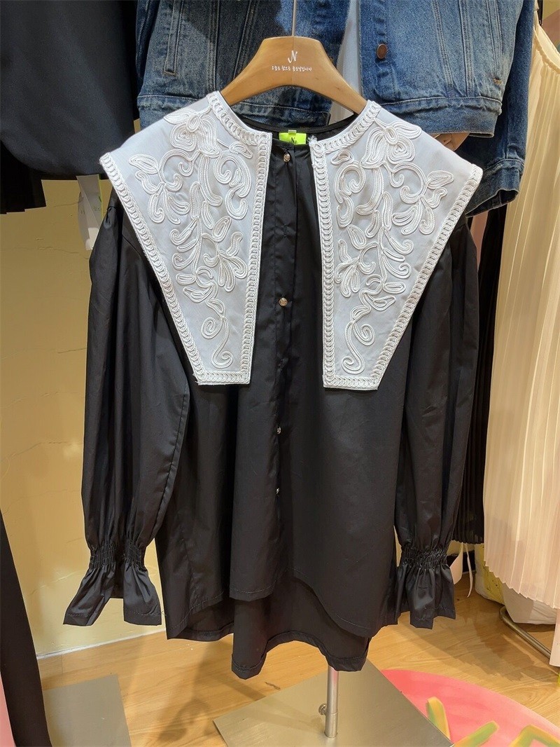 刺繍長袖ブラウス パフスリーブ 白 春秋レディース