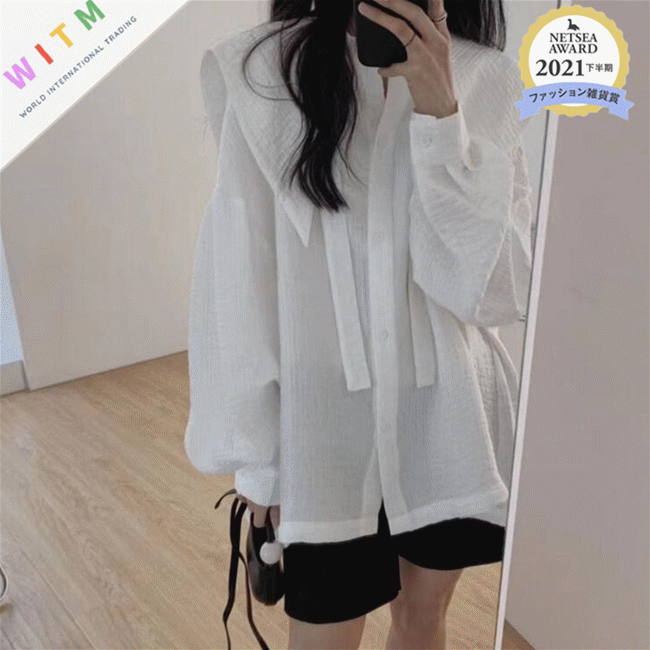 大きめ襟ボウタイ長袖ブラウス体型カバー白無地