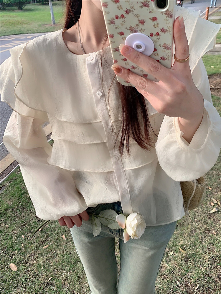 フレア袖ラウンドネック長袖ブラウス体型カバー