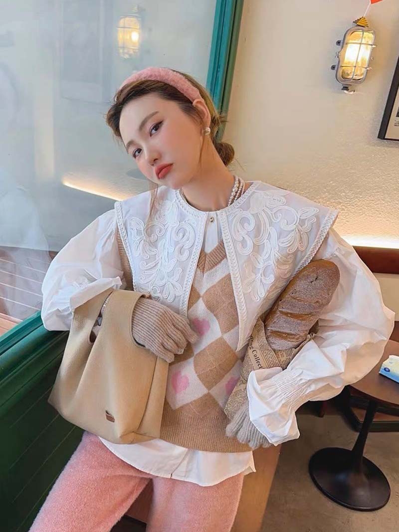 刺繍長袖ブラウス パフスリーブ 白 春秋レディース