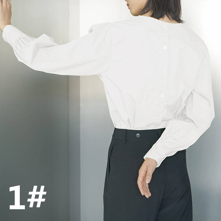 全5色 長袖パフスリーブブラウス 丸首 体型カバー 大人可愛い