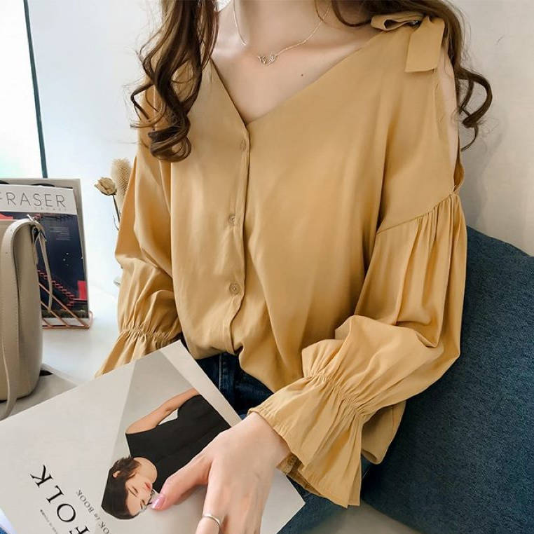 蝶結び長袖ブラウス フレア袖体型カバー大人可愛いシャツ