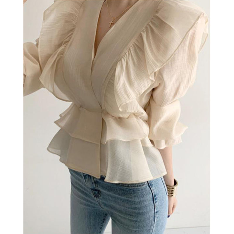春夏新作 パフスリーブ シフォンブラウス ベージュ 透け感 女性用