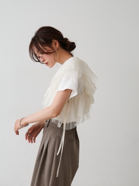 ブラウス 優美フリルレイヤード半袖ブラウス