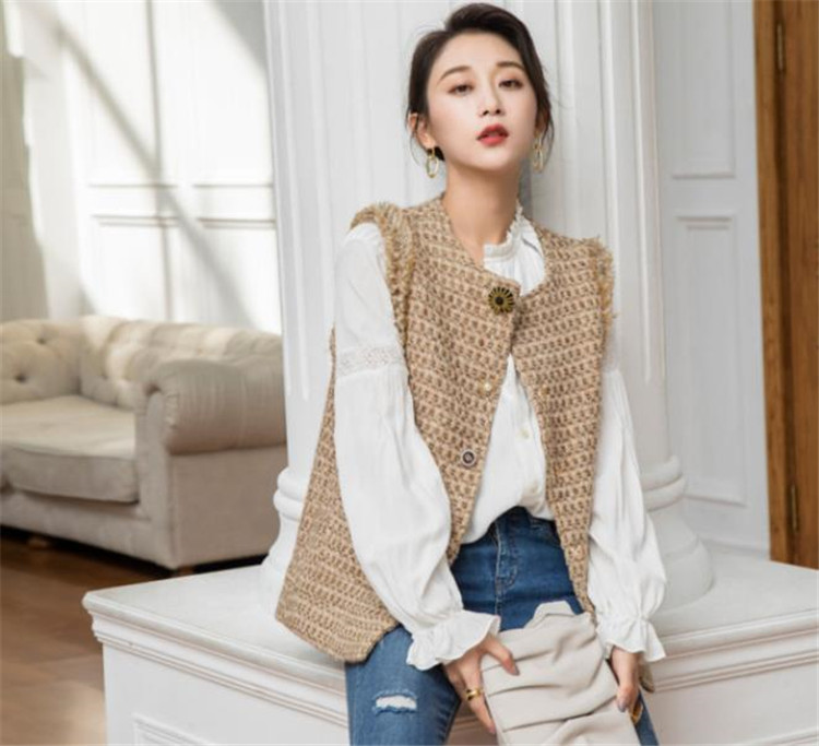 純白パフスリーブブラウス長袖レース装飾シャツ