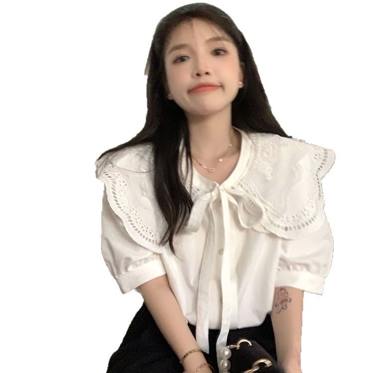 レース襟ボウタイブラウス半袖ゆったり可愛いレディース
