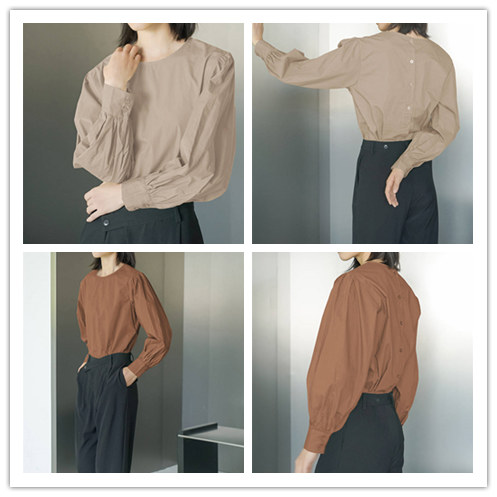 全5色 長袖パフスリーブブラウス 丸首 体型カバー 大人可愛い