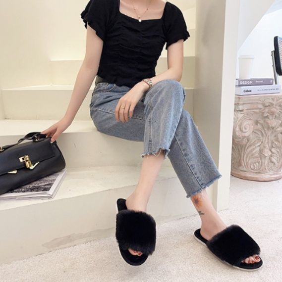 インテリア雑貨 ふわふわファー付きキルティングサンダルスリッパ