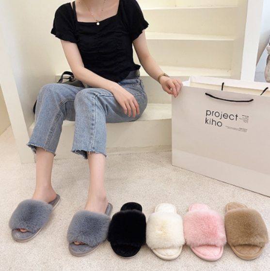 インテリア雑貨 ふわふわファー付きキルティングサンダルスリッパ