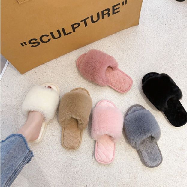 インテリア雑貨 ふわふわファー付きキルティングサンダルスリッパ