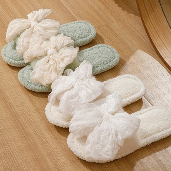 インテリア雑貨 ふわふわ大輪りぼん付きもこもこルームスリッパ