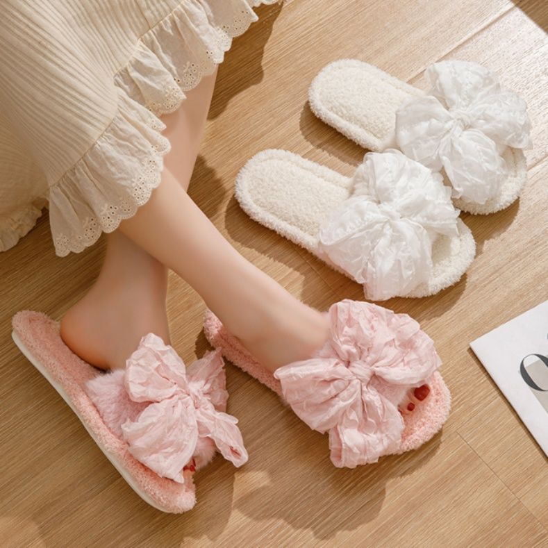 インテリア雑貨 ふわふわ大輪りぼん付きもこもこルームスリッパ