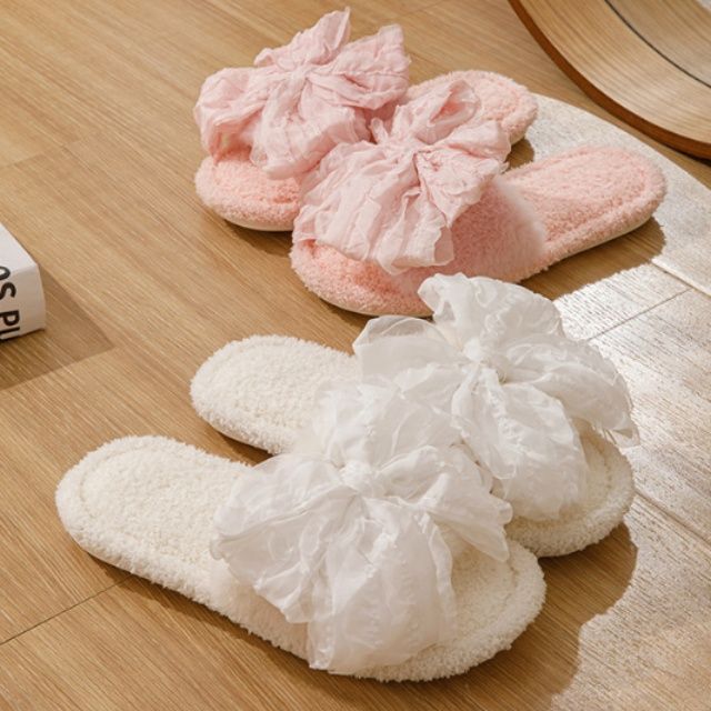 インテリア雑貨 ふわふわ大輪りぼん付きもこもこルームスリッパ