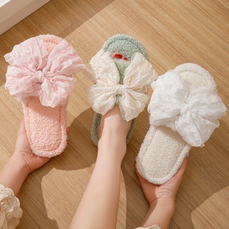 インテリア雑貨 ふわふわ大輪りぼん付きもこもこルームスリッパ