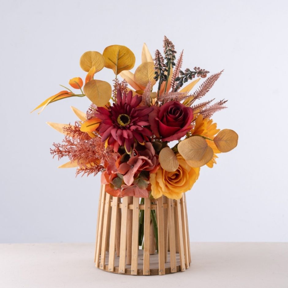 インテリア雑貨 秋の彩り豪華花束セット 木製花瓶付き