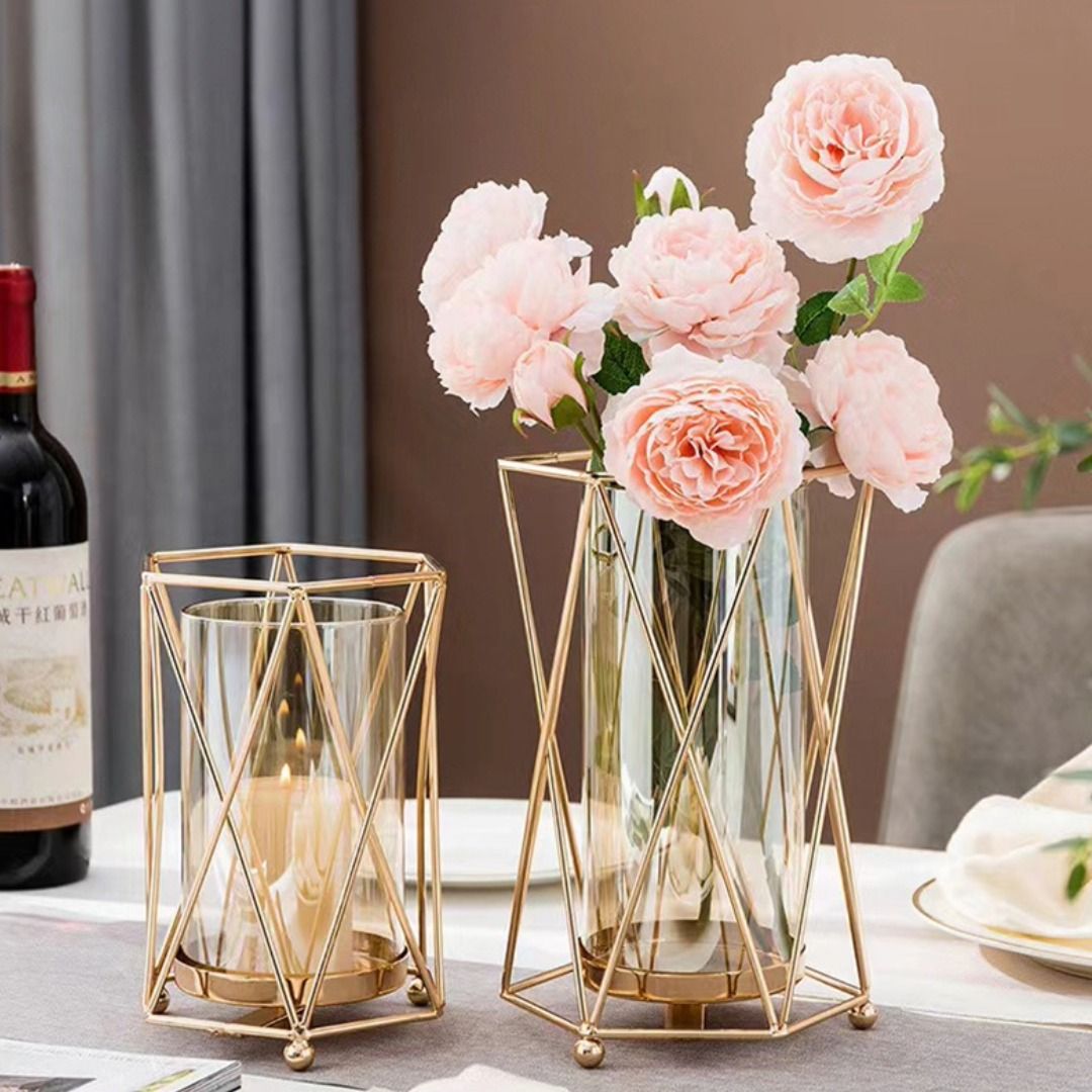 インテリア雑貨 幾何学模様の金属枠ガラス製キャンドルホルダー