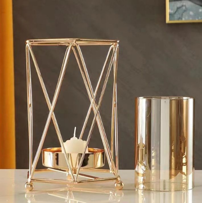 インテリア雑貨 幾何学模様の金属枠ガラス製キャンドルホルダー