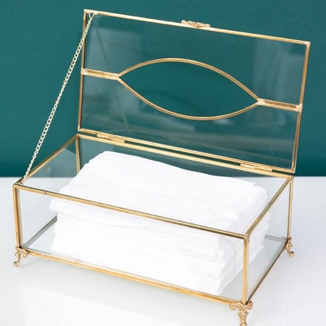インテリア雑貨 透明硝子と真鍮風装飾の優雅な脚付きティシュケース