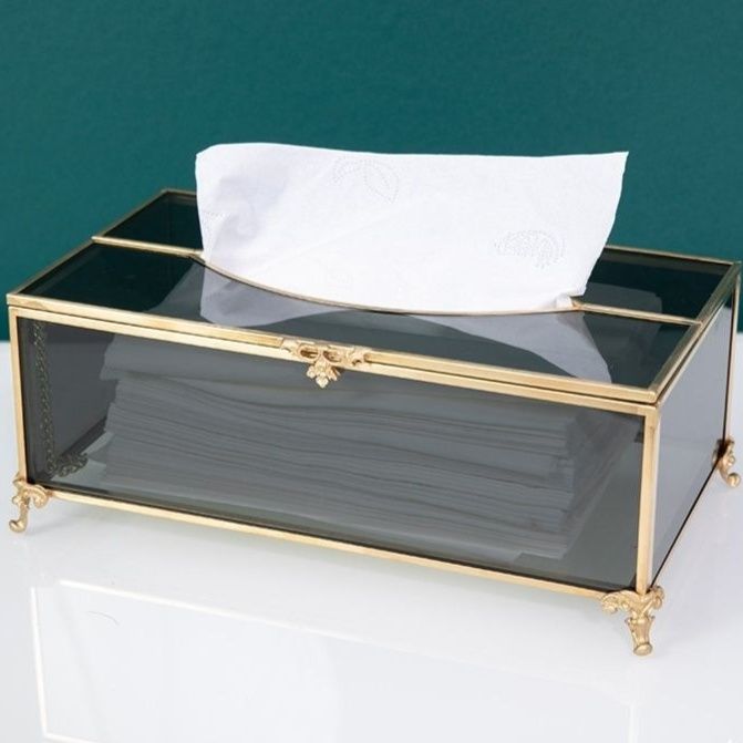 インテリア雑貨 透明硝子と真鍮風装飾の優雅な脚付きティシュケース