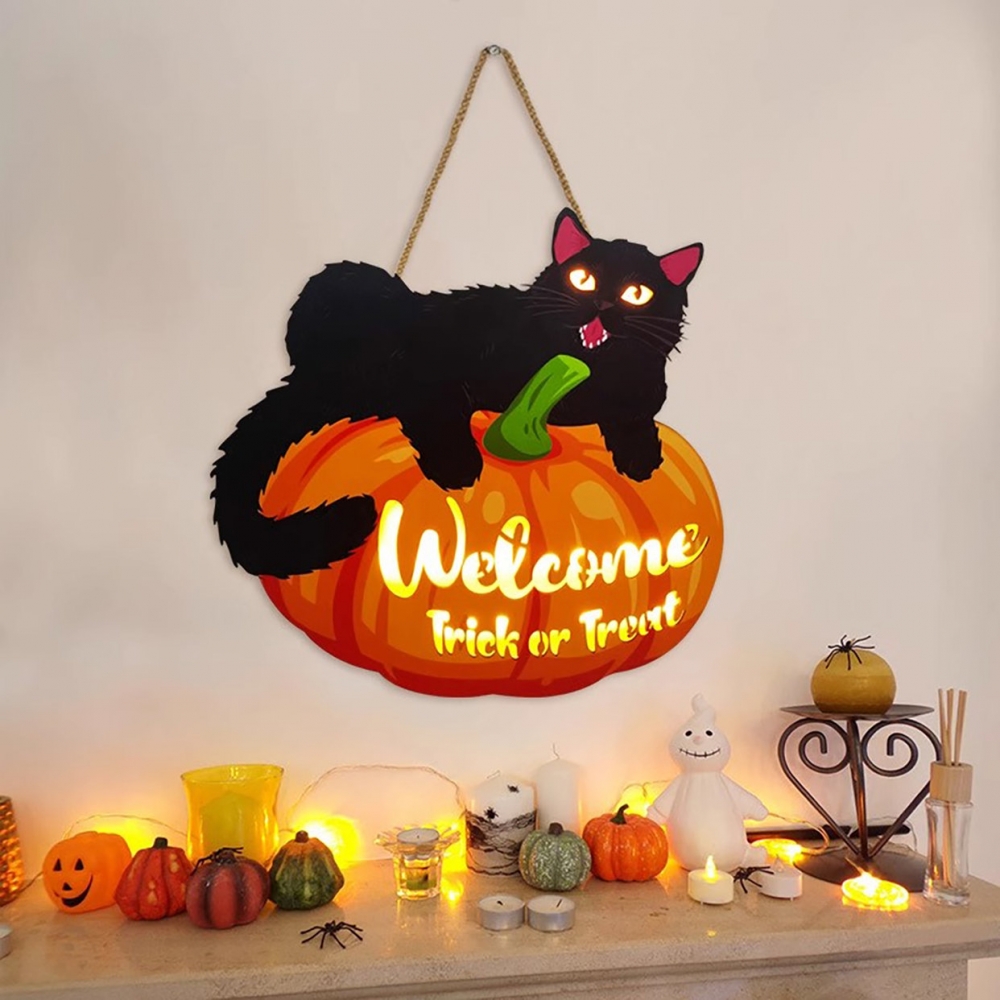インテリア雑貨 黒猫とハロウィンかぼちゃのウェルカムボード