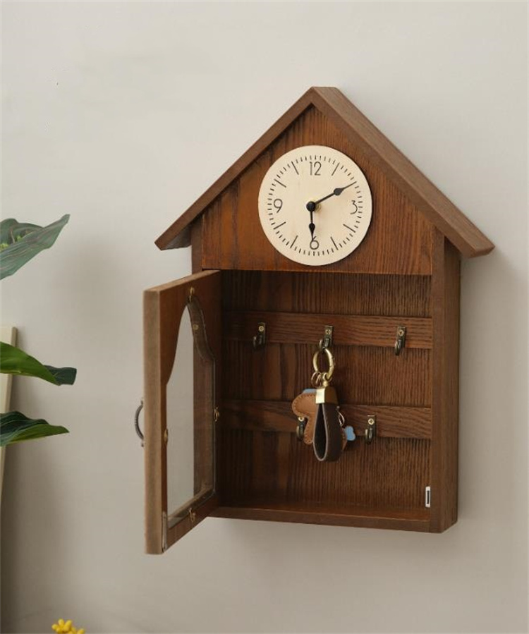 インテリア雑貨 木製壁掛け時計付き鍵収納ボックス 玄関インテリア