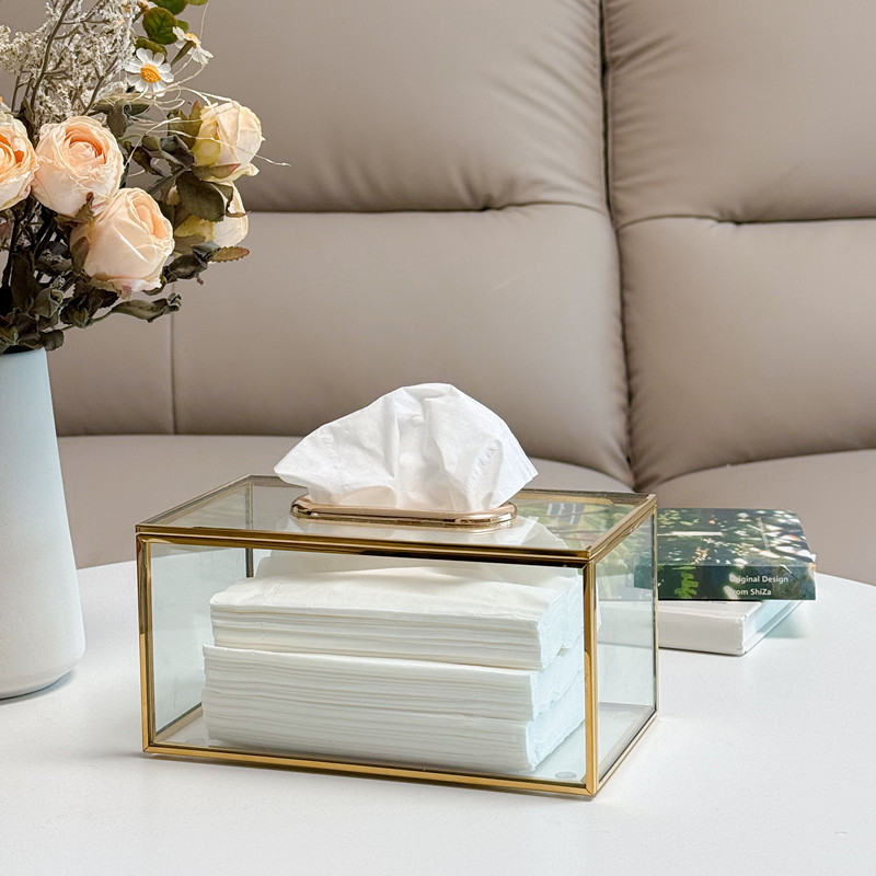 インテリア雑貨 透明硝子と真鍮枠の高級感あふれるティシュケース