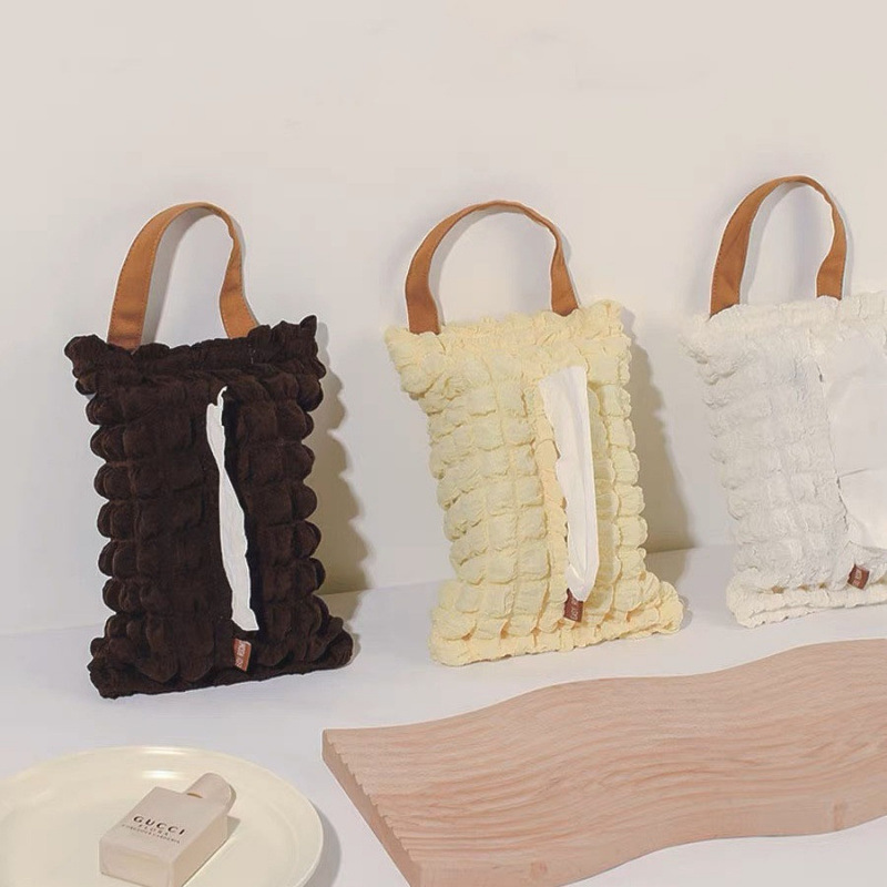 インテリア雑貨 ふわふわフリル付き持ち手型ティシュケース