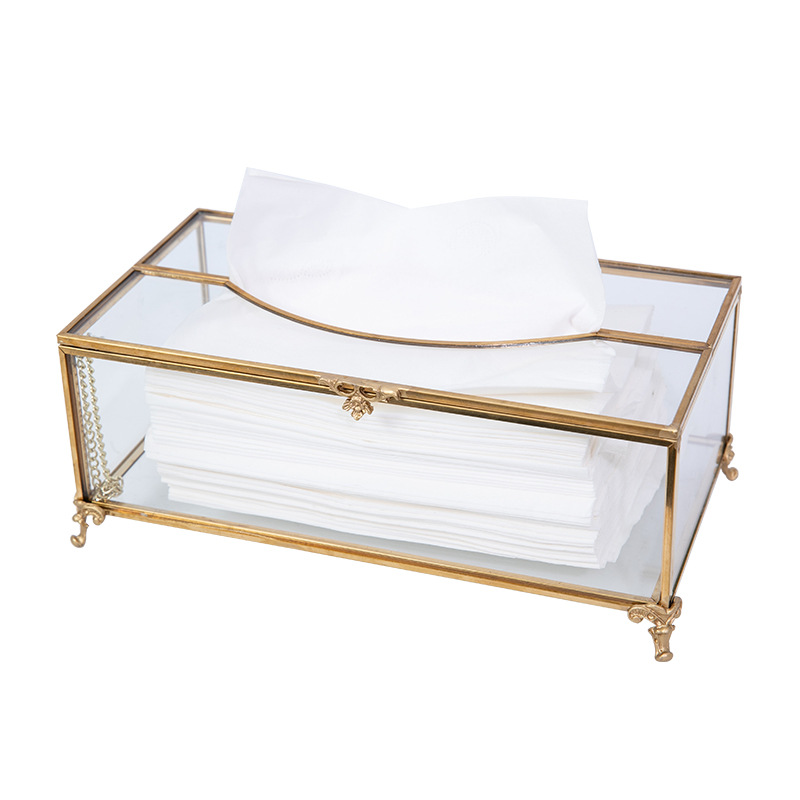 インテリア雑貨 透明硝子と真鍮風装飾の優雅な脚付きティシュケース