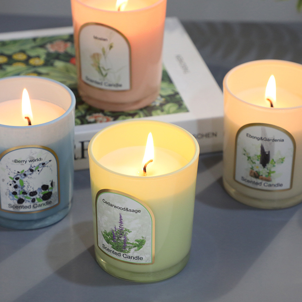 インテリア雑貨 植物画ラベル付き香り付きガラス容器入りキャンドル