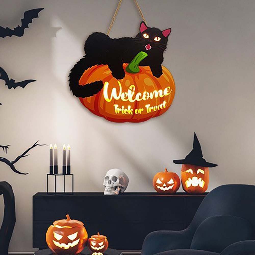 インテリア雑貨 黒猫とハロウィンかぼちゃのウェルカムボード