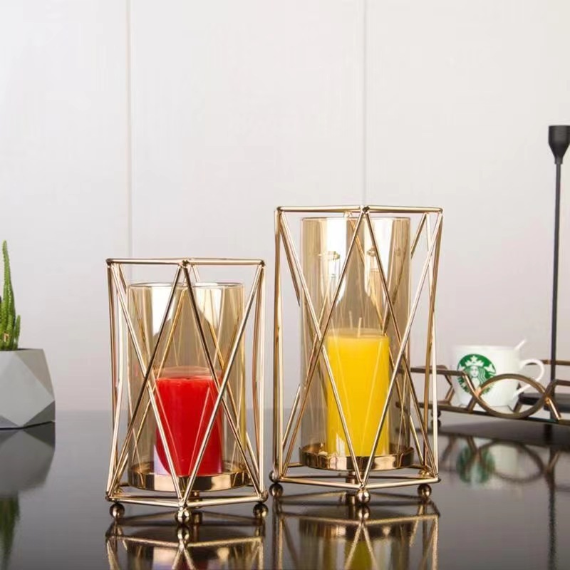 インテリア雑貨 幾何学模様の金属枠ガラス製キャンドルホルダー