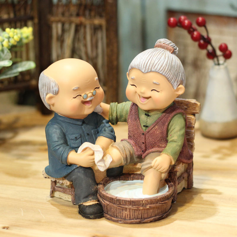 インテリア雑貨 仲良し老夫婦足湯の癒し置き物
