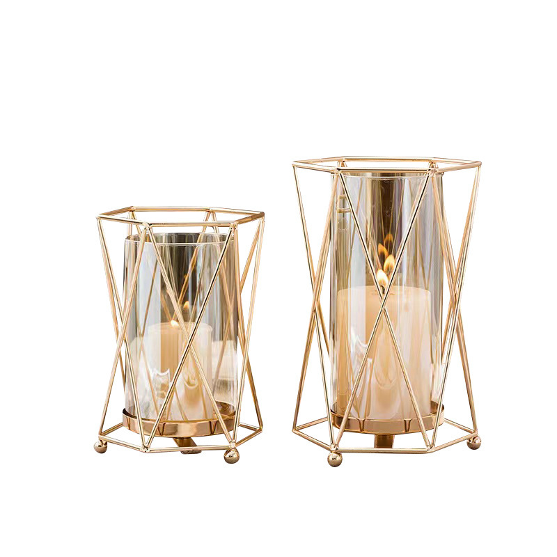 インテリア雑貨 幾何学模様の金属枠ガラス製キャンドルホルダー