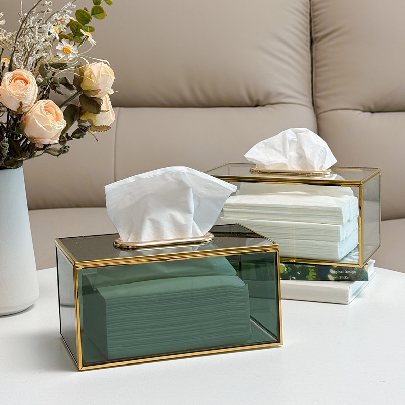 インテリア雑貨 透明硝子と真鍮枠の高級感あふれるティシュケース